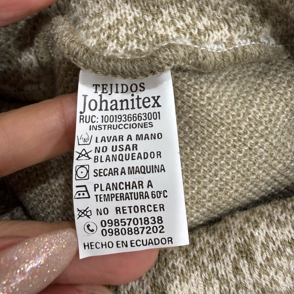 Boho Geometric Knit Poncho Sweater | Button Cowl Neck | Neutral Tan - Picture 3 of 11